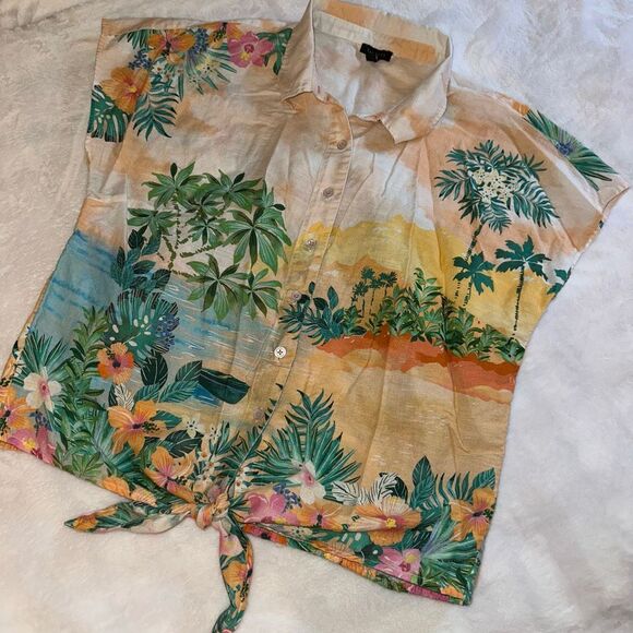 Talbots Medium Linen Tropical Beach Pattern Button Down Collated Tie Shirt EUC - Picture 1 of 11
